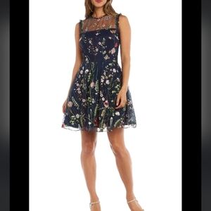 Morgan & Co Embroidered Floral Sheer Mesh Overlay Illusion Neckline Fairy Dress